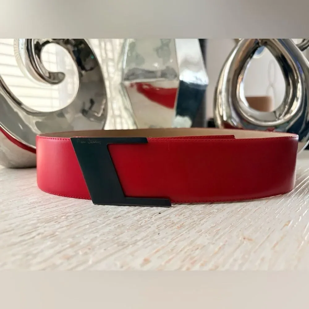VTG Pierre Cardin Red Leather Metal Buckle Wide Belt Size 75